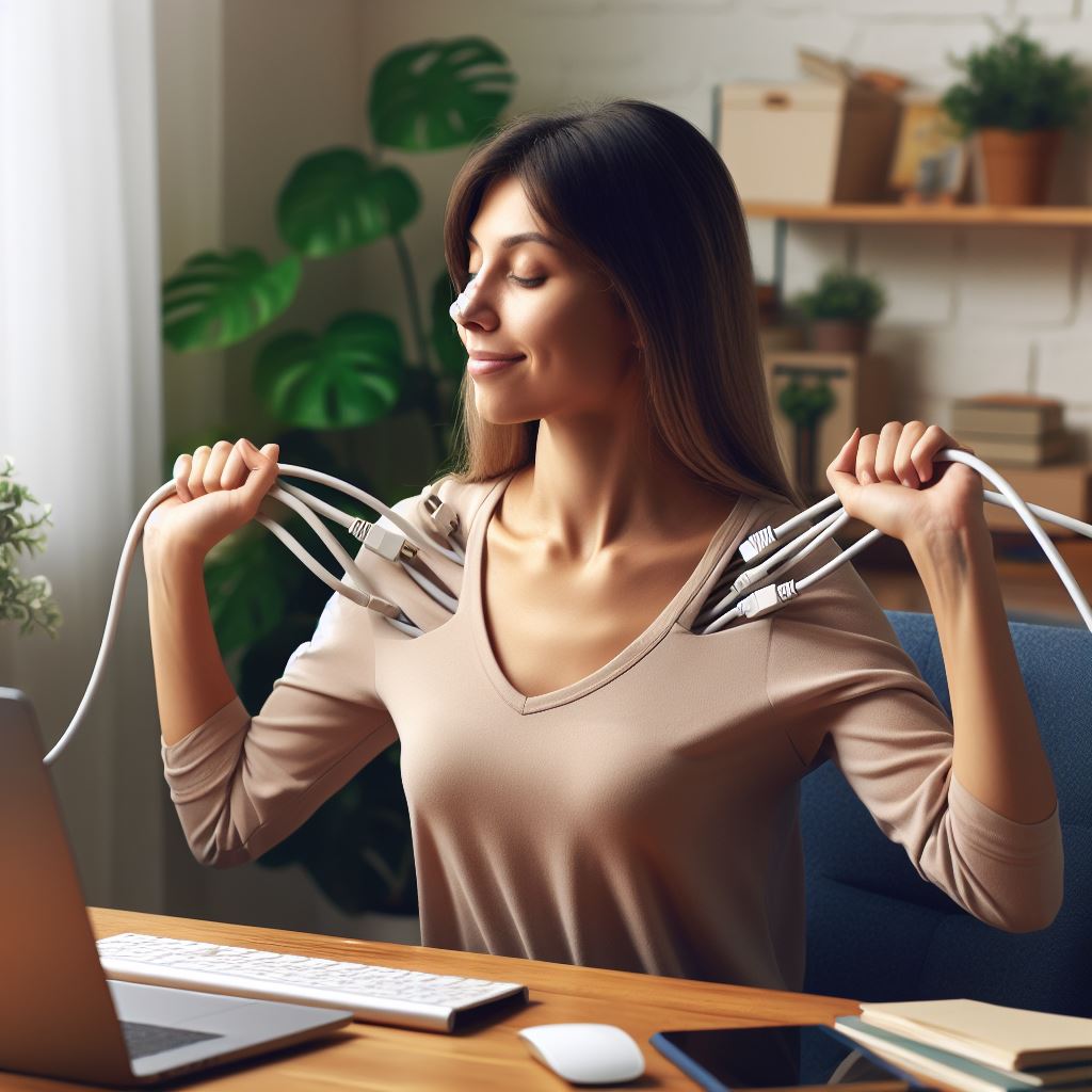 a female office worker has three cables coming out of her shoulder and she is pulling them out. She is in her home office and finishing her work day, so she has a calm but happy face