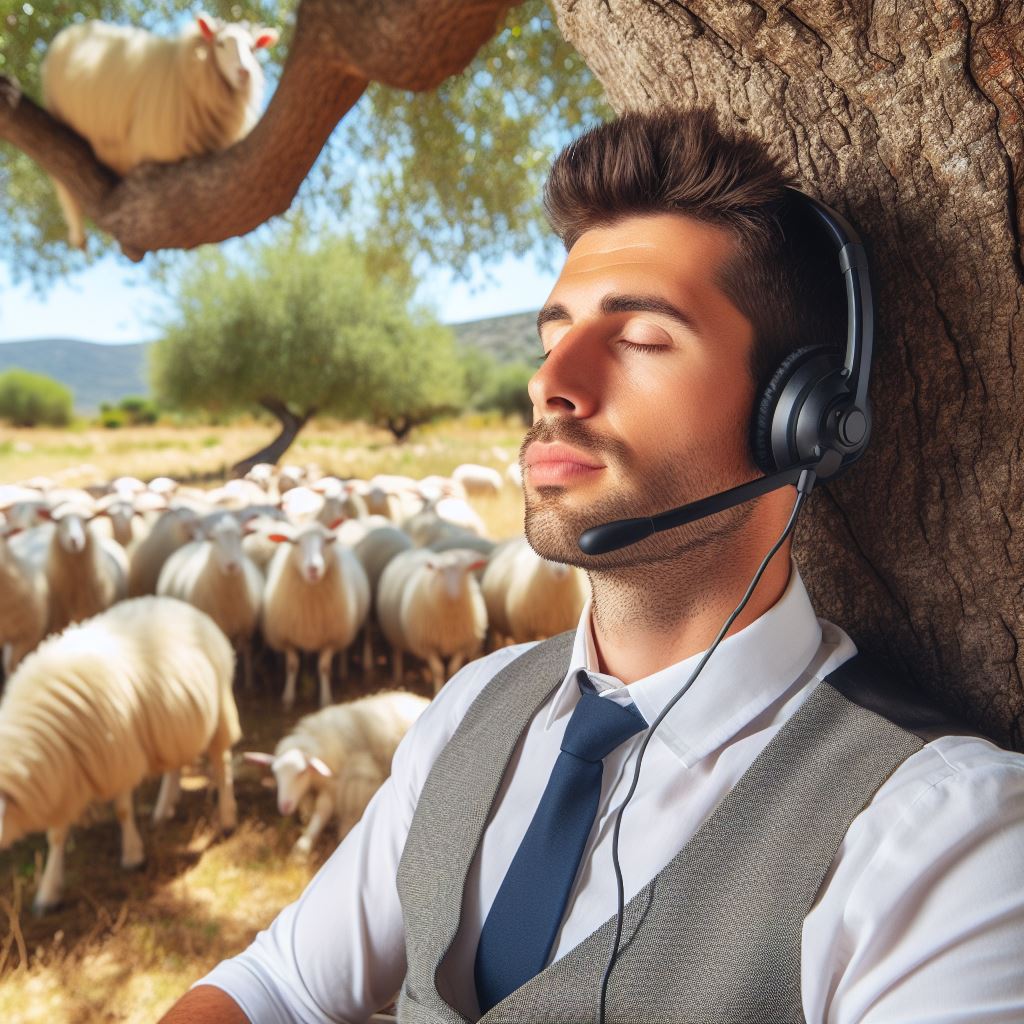highly peaceful office worker with headset on his head under the shade of a tree with sheep in the background in mediterranean climate