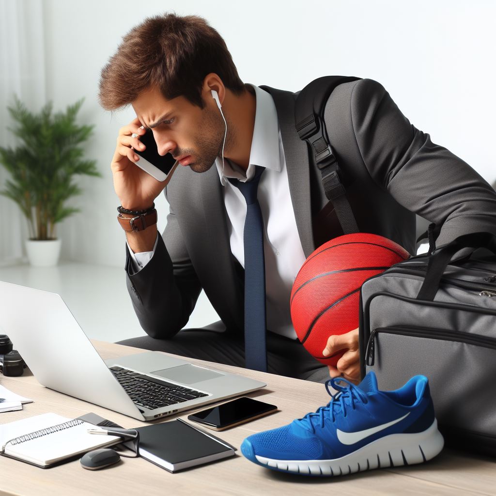 highly stressed office worker in front of his laptop with cell phone ringing and a sports bag next to him