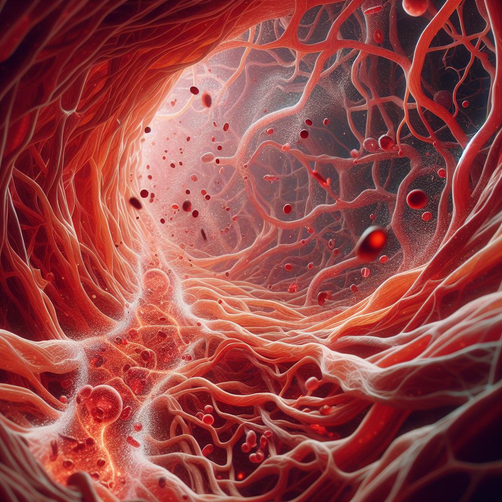 inside view of human body veins with visible particles of hormones rushing through