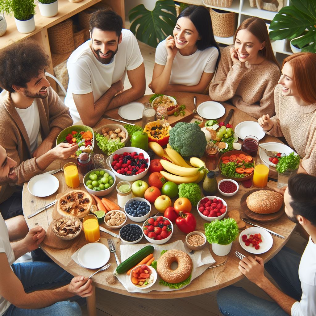Von Freunden umrundeter Tisch auf dem viel gesundes Gemüse steht