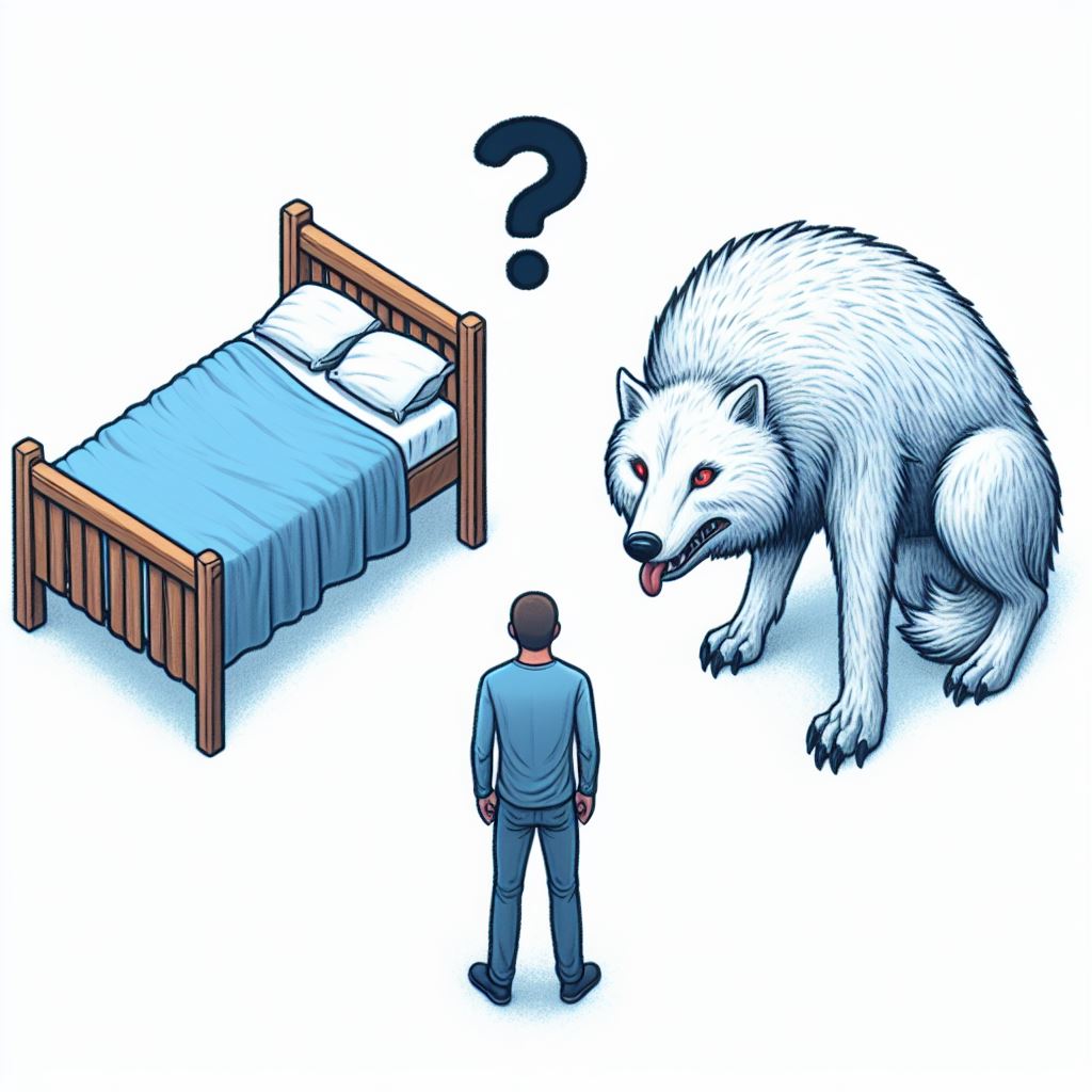 Eine Person steht vor einem Bett und einem Wolf